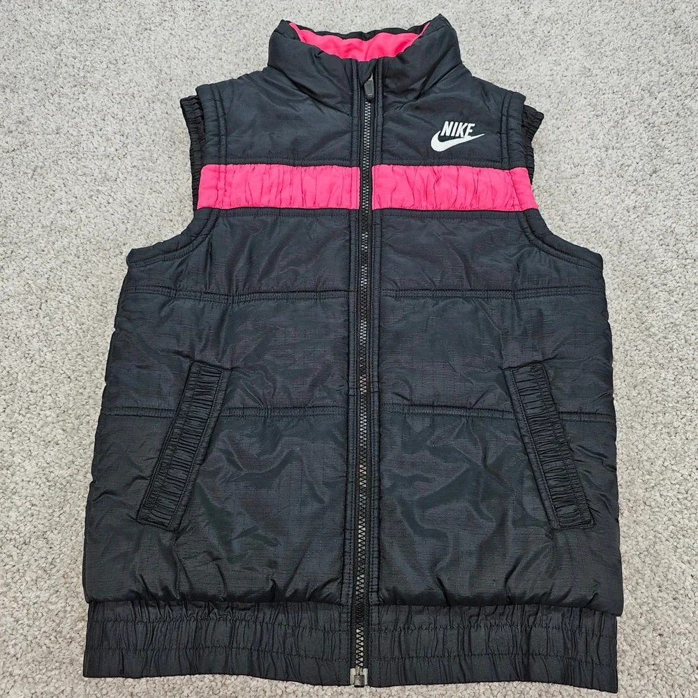 Nike Kids 14‎ Puffer Vest Black Pink Logo Zip Up Padded Sleeveless Jacket